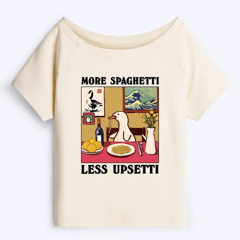 Kyoto-Lion More Spaghetti Less Upsetti Goose Off Shoulder T-Shirt