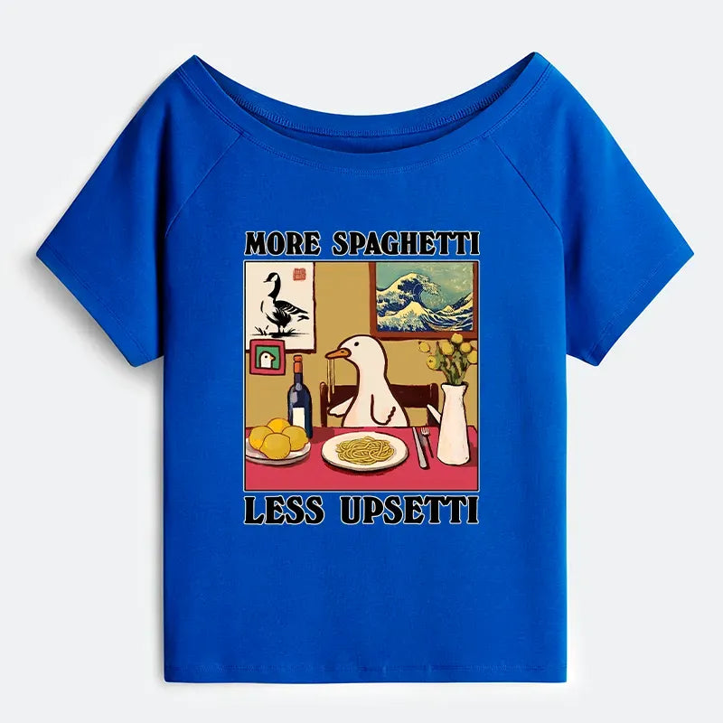 Kyoto-Lion More Spaghetti Less Upsetti Goose Off Shoulder T-Shirt