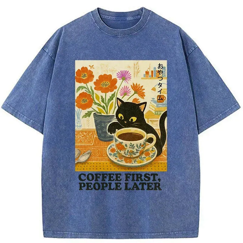 Kyoto-Lion Kitten Drinks Coffee First Washed T-Shirt