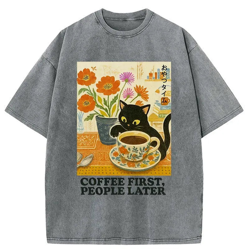 Kyoto-Lion Kitten Drinks Coffee First Washed T-Shirt