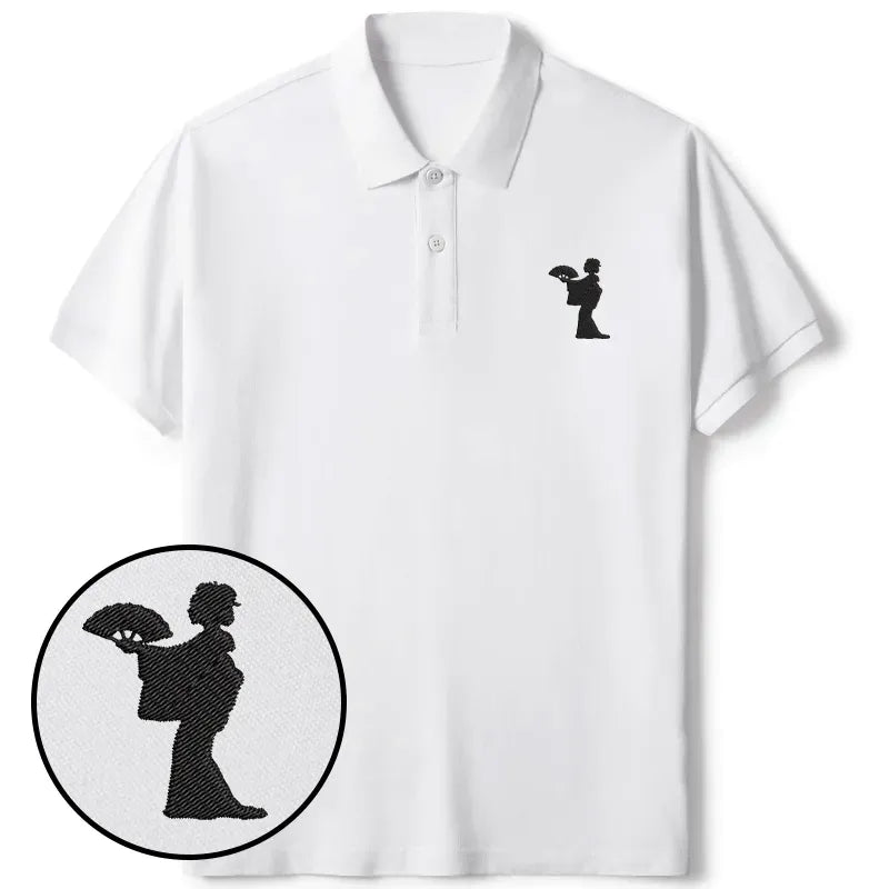 Kyoto-Lion Geisha Holding A Fan Embroidered Polo T-Shirt
