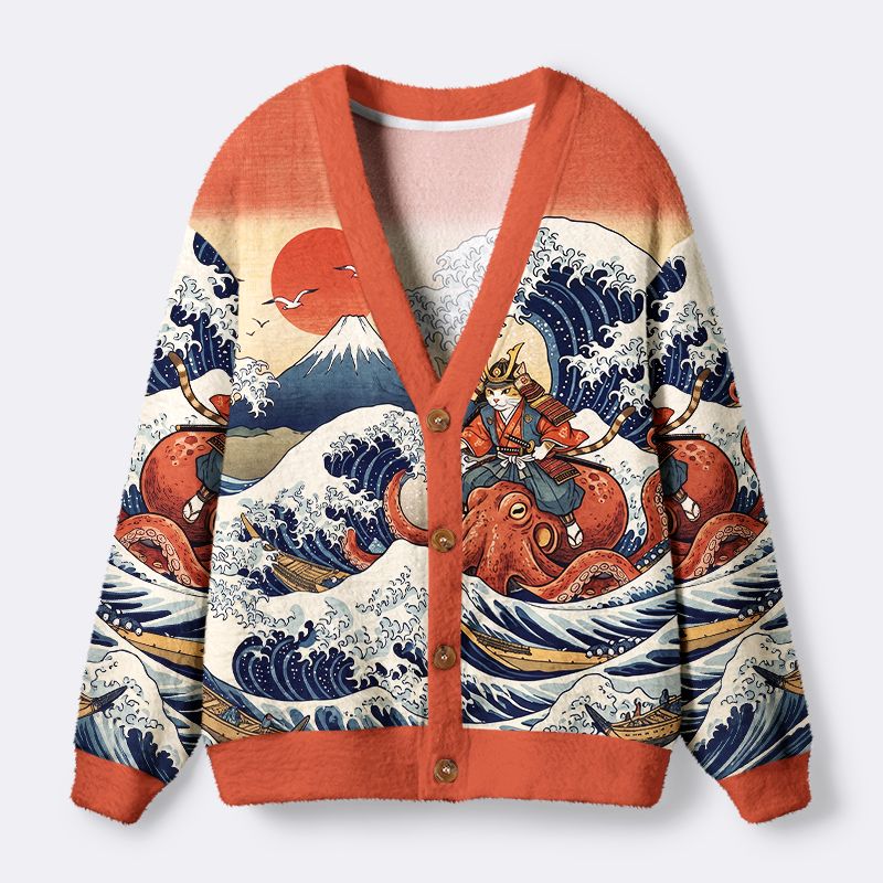 Kyoto-Lion Ukiyo-E Samurai Cat Riding Octopus Ugly Cardigan Sweater