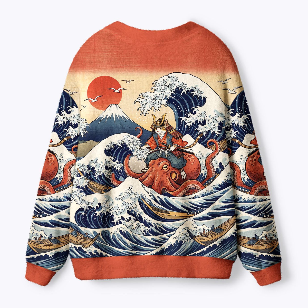 Kyoto-Lion Ukiyo-E Samurai Cat Riding Octopus Ugly Cardigan Sweater