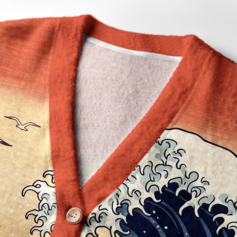 Kyoto-Lion Ukiyo-E Samurai Cat Riding Octopus Ugly Cardigan Sweater