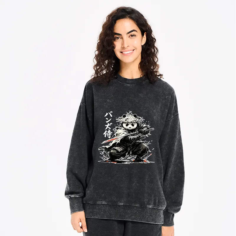 Kyoto-Lion Panda Samurai Warrior Washed Sweatshirt