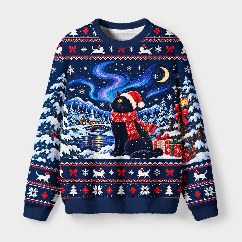Kyoto-Lion Winter Night Santa Cat Fuzzy Christmas Ugly Sweatshirt