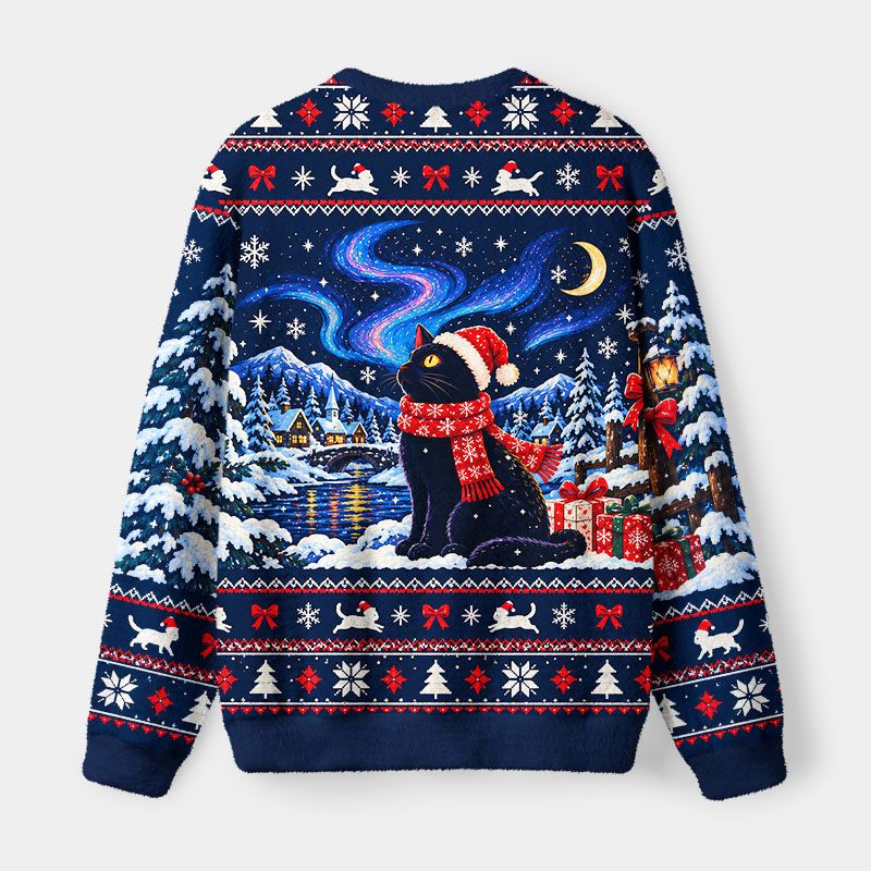 Kyoto-Lion Winter Night Santa Cat Fuzzy Christmas Ugly Sweatshirt
