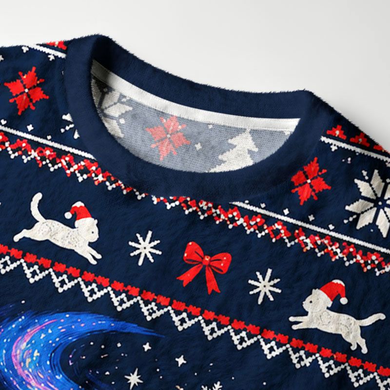 Kyoto-Lion Winter Night Santa Cat Fuzzy Christmas Ugly Sweatshirt