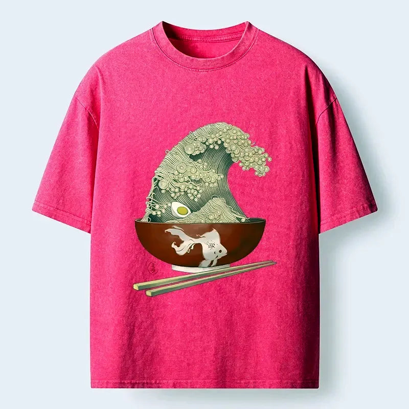 Kyoto-Lion Kanagawa Noodle Wave Food Art Washed T-Shirt