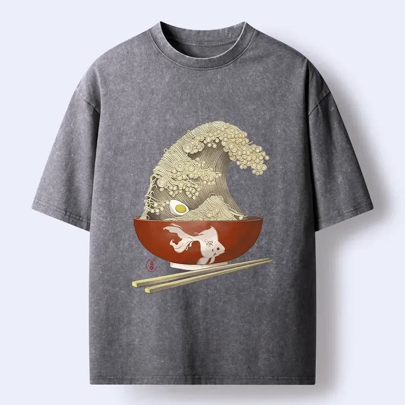 Kyoto-Lion Kanagawa Noodle Wave Food Art Washed T-Shirt