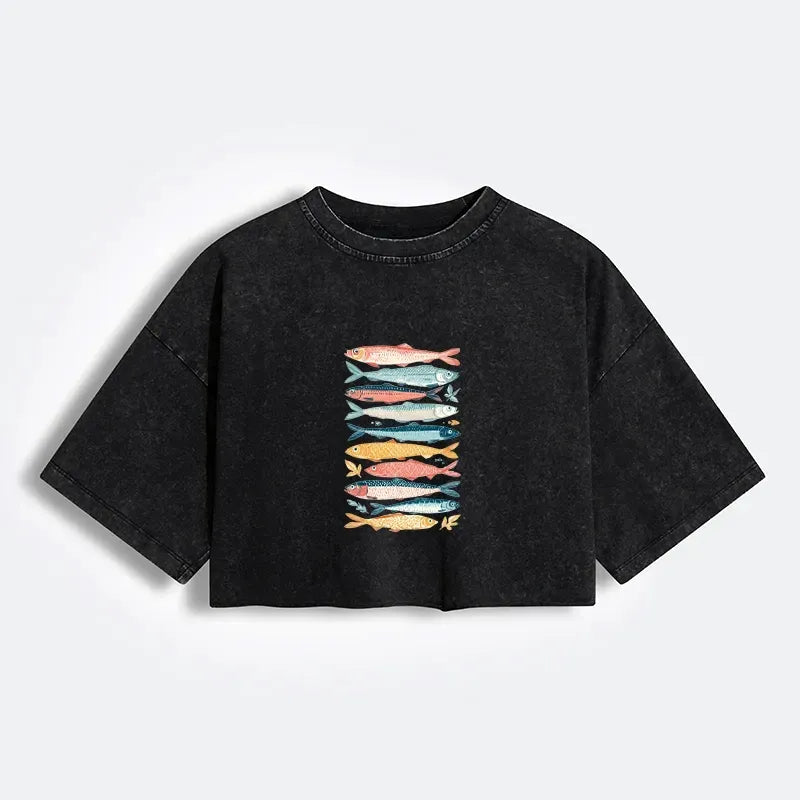 Japanese colorful fish washed crop t-shirt