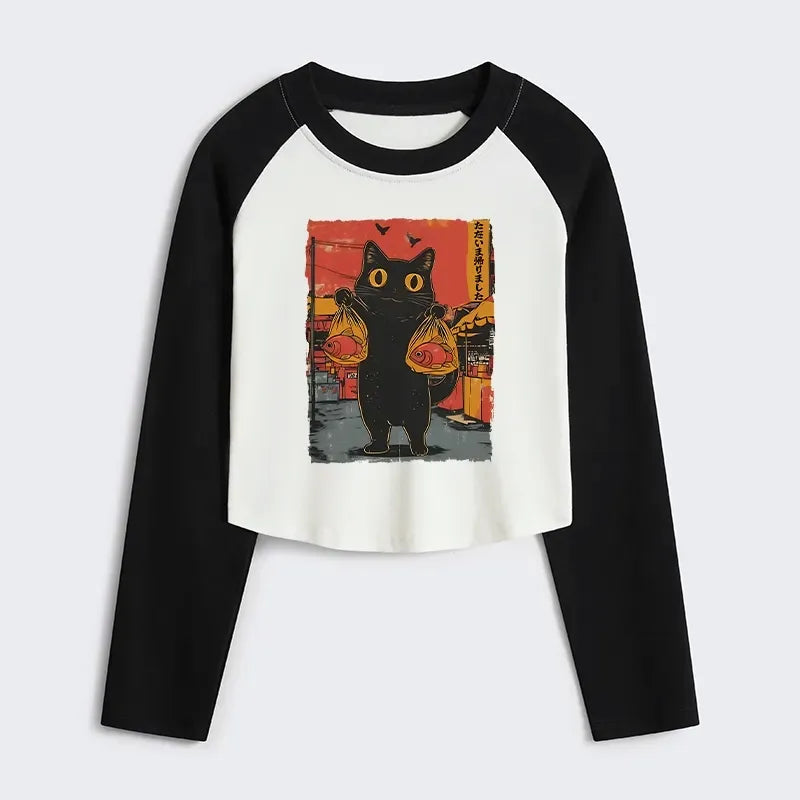 Kyoto-Lion Cat Fishing Japanese Women's Crop Raglan T-Shirt