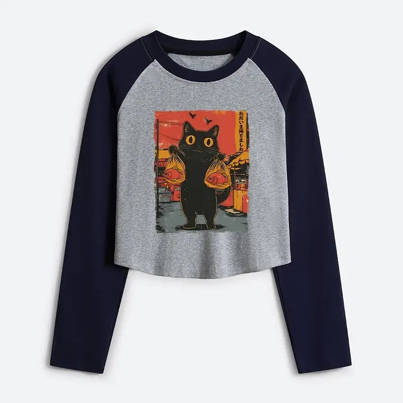 Kyoto-Lion Cat Fishing Japanese Women's Crop Raglan T-Shirt