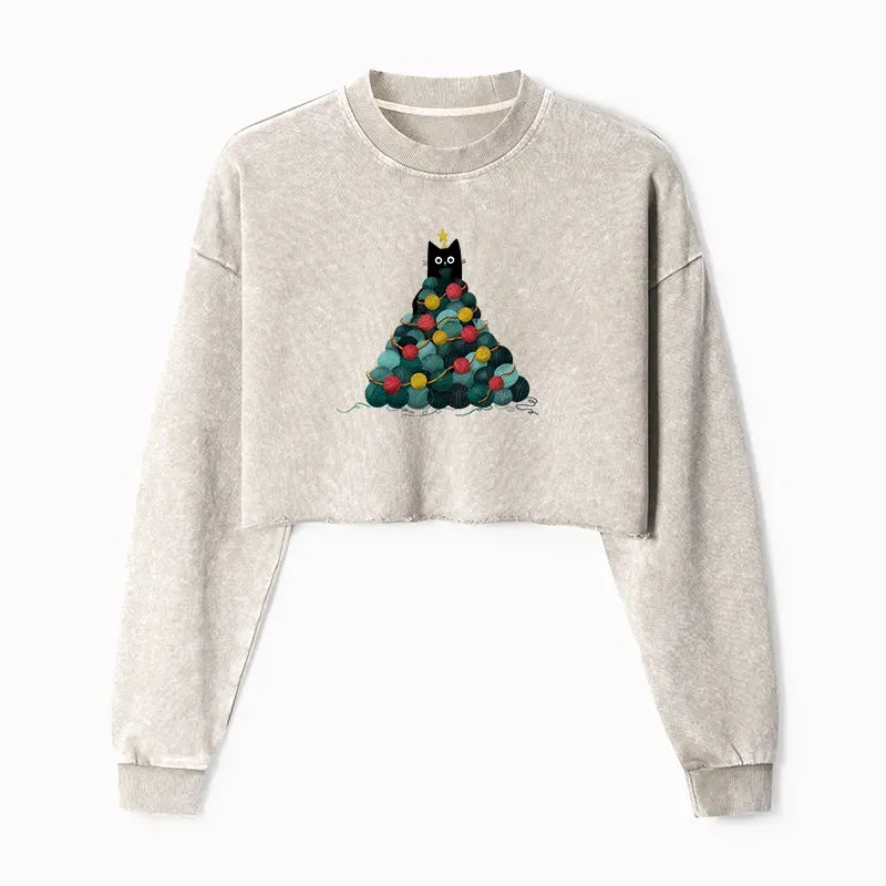 Kyoto-Lion Yarn Christmas Tree Cat Washed Crop Sweatshirt