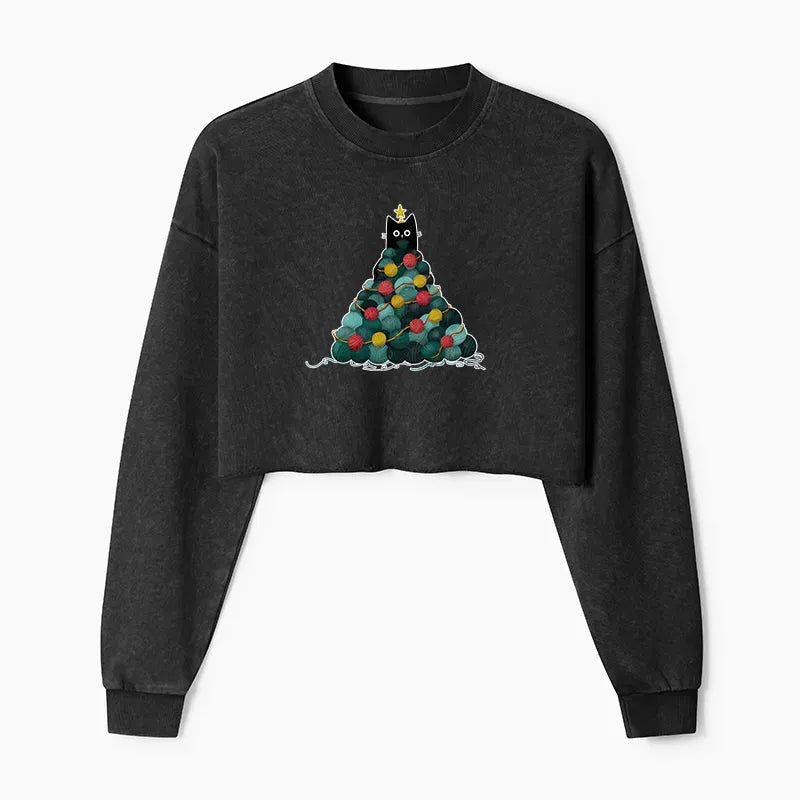 Kyoto-Lion Yarn Christmas Tree Cat Washed Crop Sweatshirt
