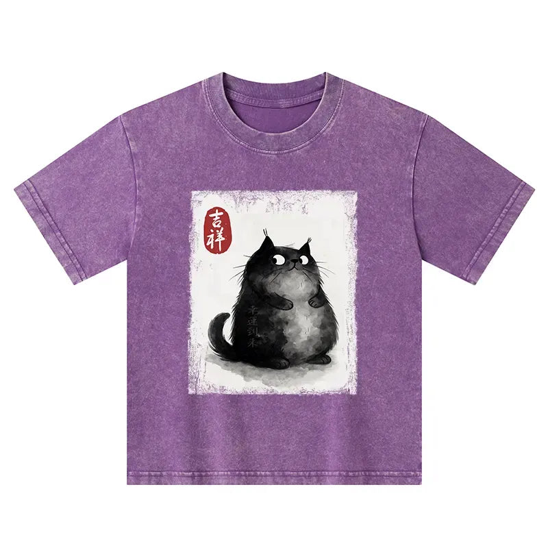 Japanese ink painting black cat kids tee