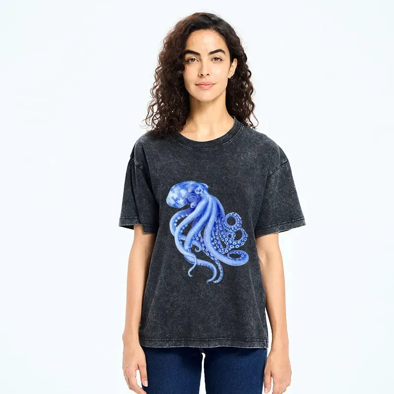Kyoto-Lion Retro Blue Octopus Washed T-Shirt