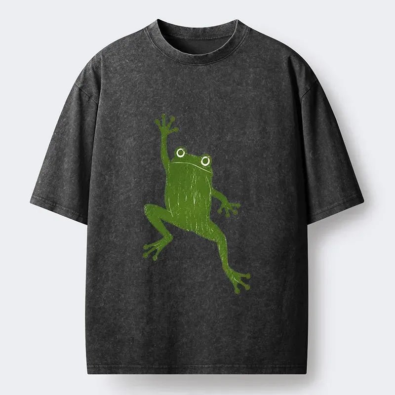 Kyoto-Lion Retro Green Wave Frog Cute Graphic Washed T-Shirt