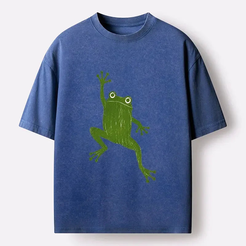 Kyoto-Lion Retro Green Wave Frog Cute Graphic Washed T-Shirt