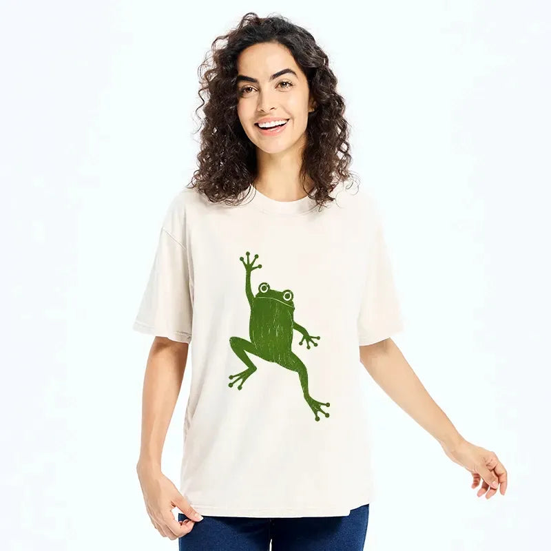 Kyoto-Lion Retro Green Wave Frog Cute Graphic Washed T-Shirt