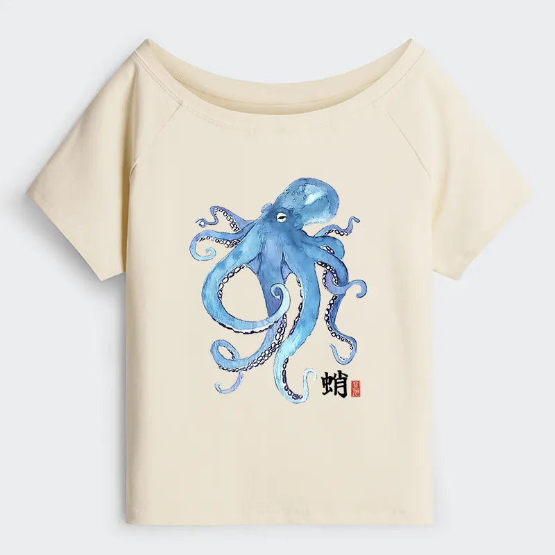 Kyoto-Lion Watercolor Blue Octopus Off Shoulder T-Shirt