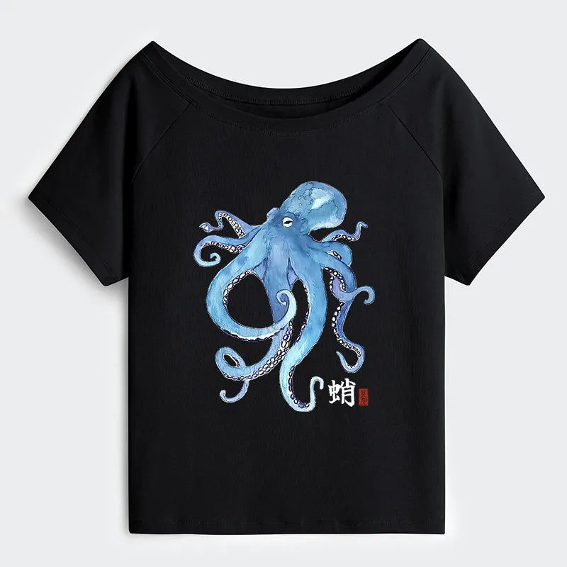 Kyoto-Lion Watercolor Blue Octopus Off Shoulder T-Shirt