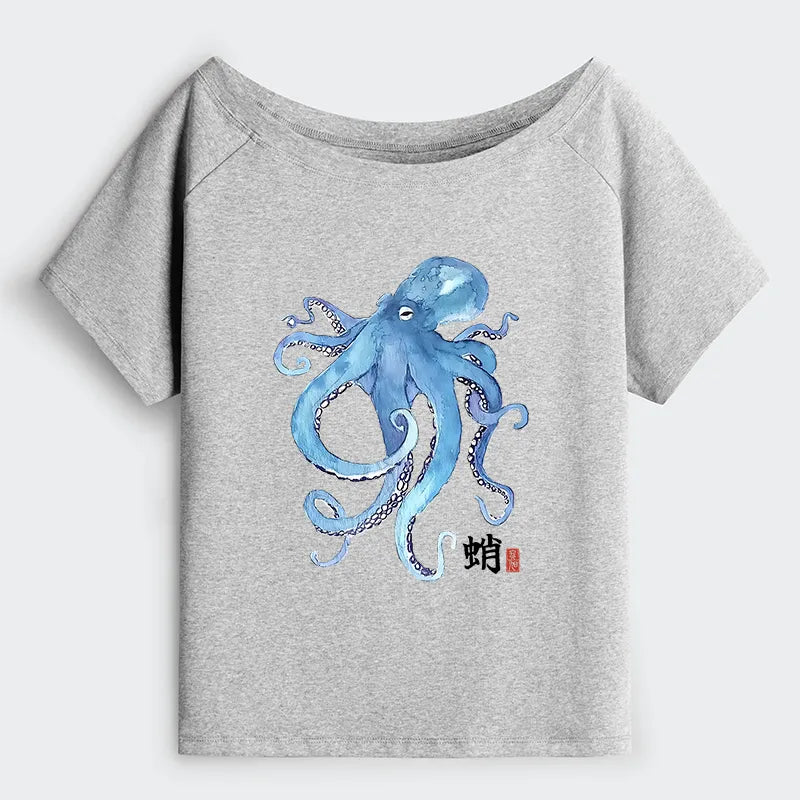 Kyoto-Lion Watercolor Blue Octopus Off Shoulder T-Shirt