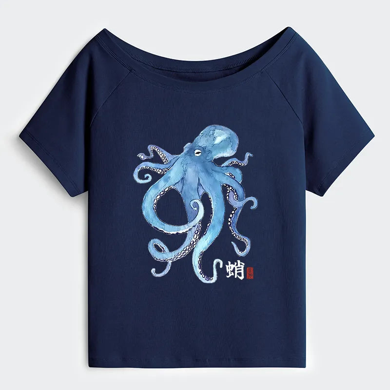 Kyoto-Lion Watercolor Blue Octopus Off Shoulder T-Shirt