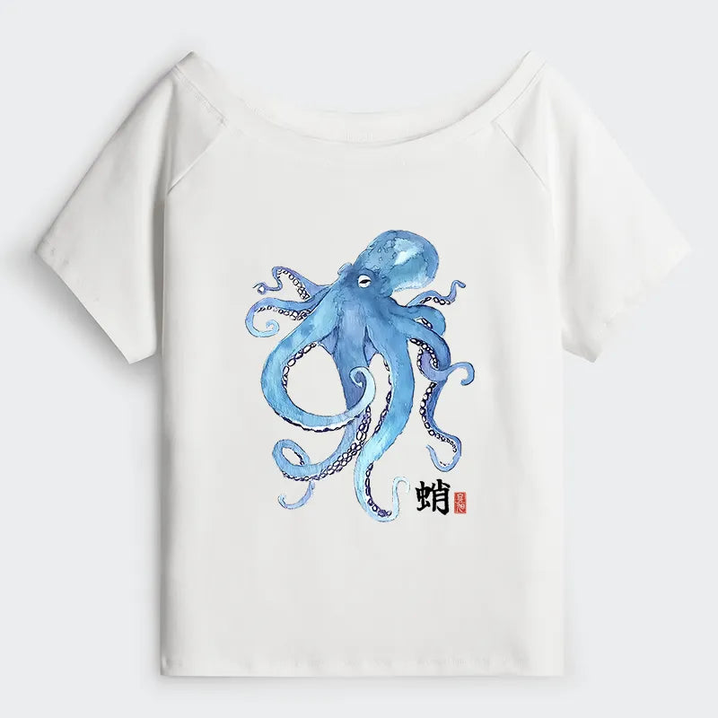 Kyoto-Lion Watercolor Blue Octopus Off Shoulder T-Shirt