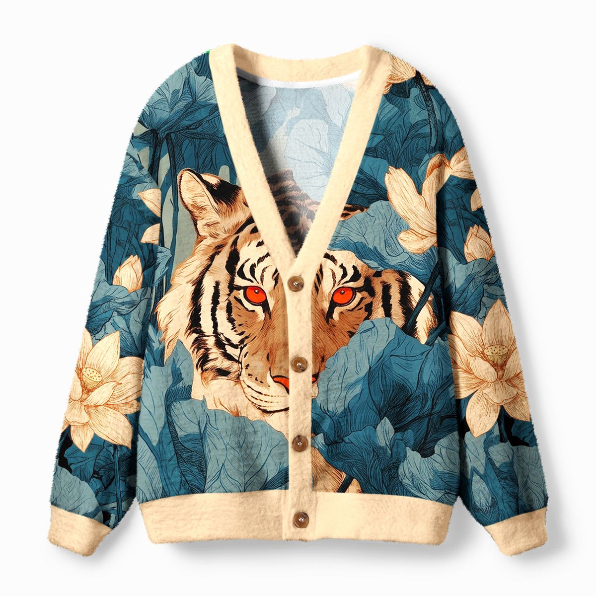 Kyoto-Lion Jungle Whisper: Silent Tiger Ugly Cardigan Sweater