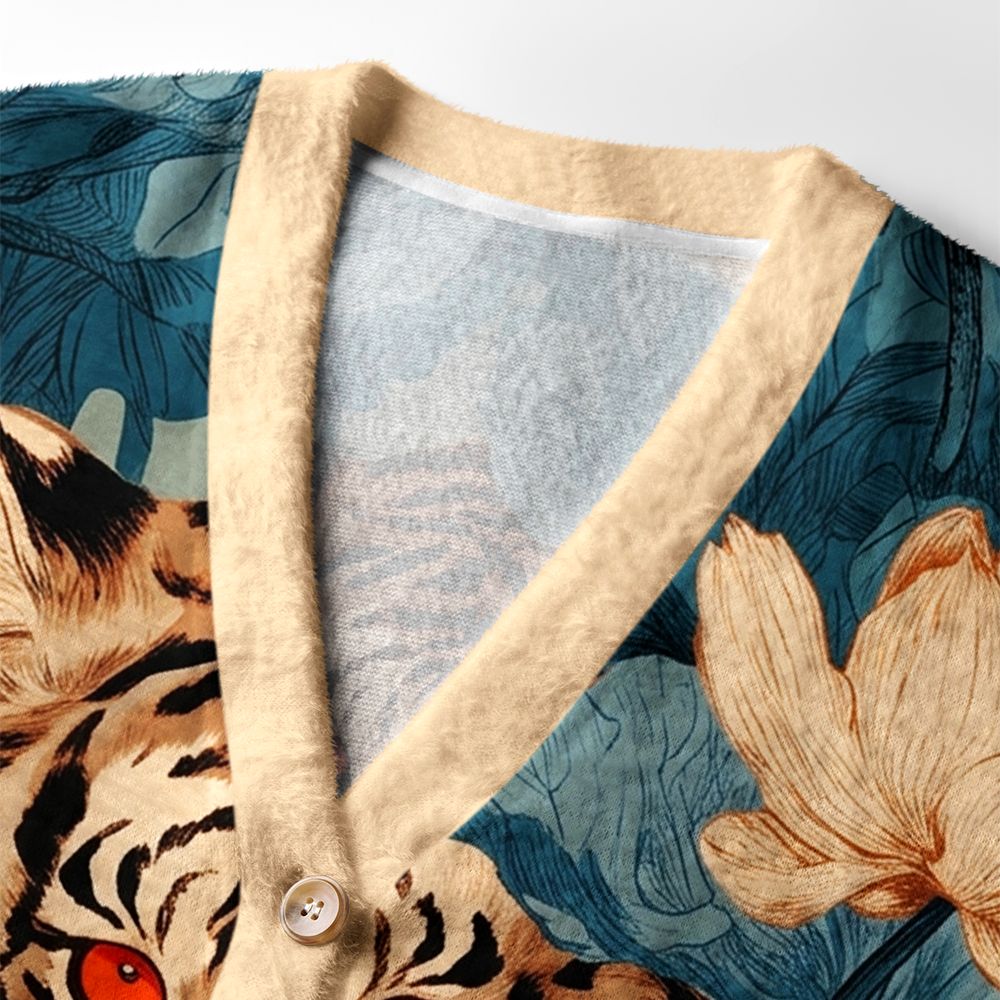 Kyoto-Lion Jungle Whisper: Silent Tiger Ugly Cardigan Sweater