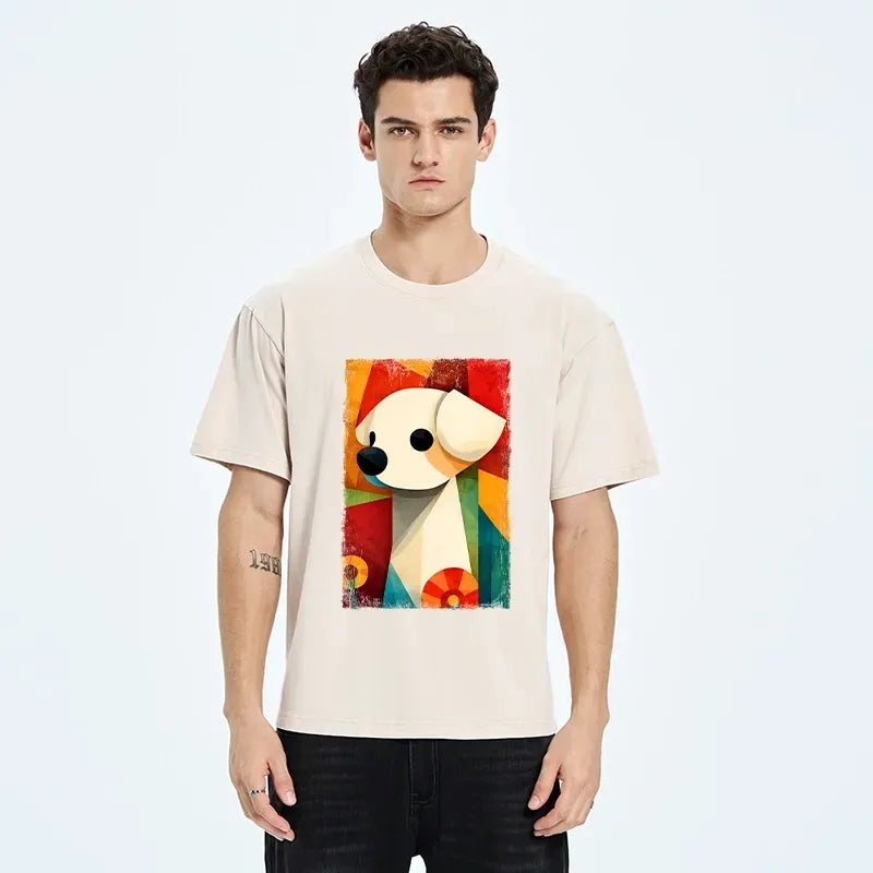 Kyoto-Lion Retro Abstract Color Block Puppy Art Washed T-Shirt