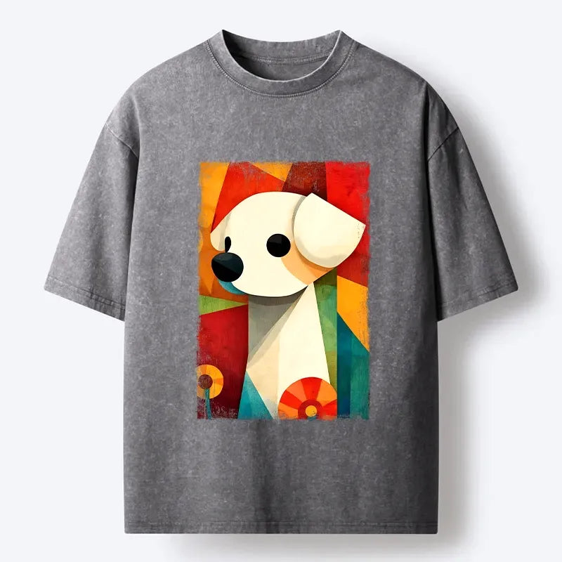 Kyoto-Lion Retro Abstract Color Block Puppy Art Washed T-Shirt