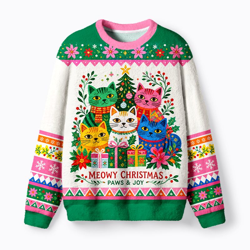 Kyoto-Lion Cute Folk Art Colorful Cats with Christmas Tree & Gifts Fuzzy Christmas Ugly Sweatshirt