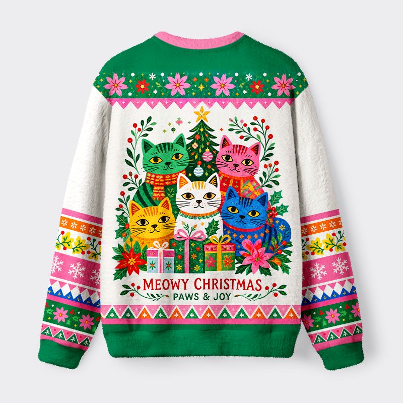 Kyoto-Lion Cute Folk Art Colorful Cats with Christmas Tree & Gifts Fuzzy Christmas Ugly Sweatshirt