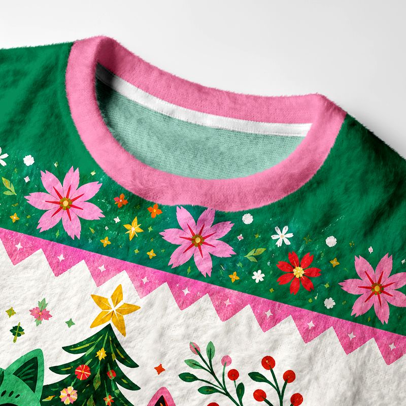 Kyoto-Lion Cute Folk Art Colorful Cats with Christmas Tree & Gifts Fuzzy Christmas Ugly Sweatshirt