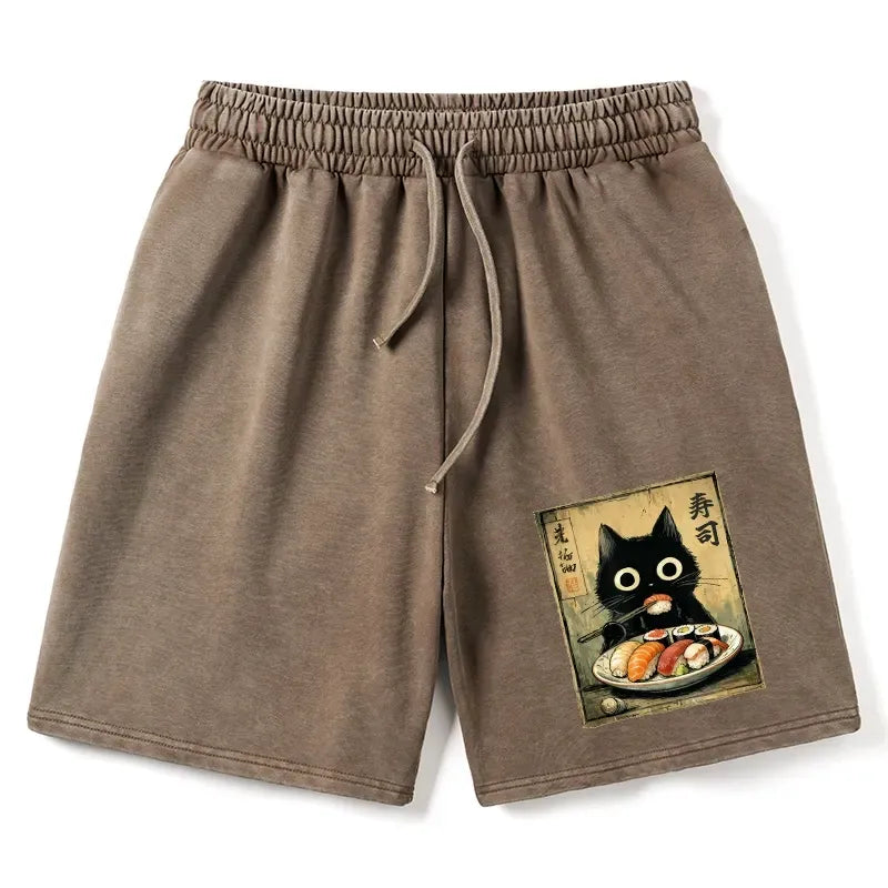 Kyoto-Lion Vintage Japanese Sushi Cat Washed Shorts
