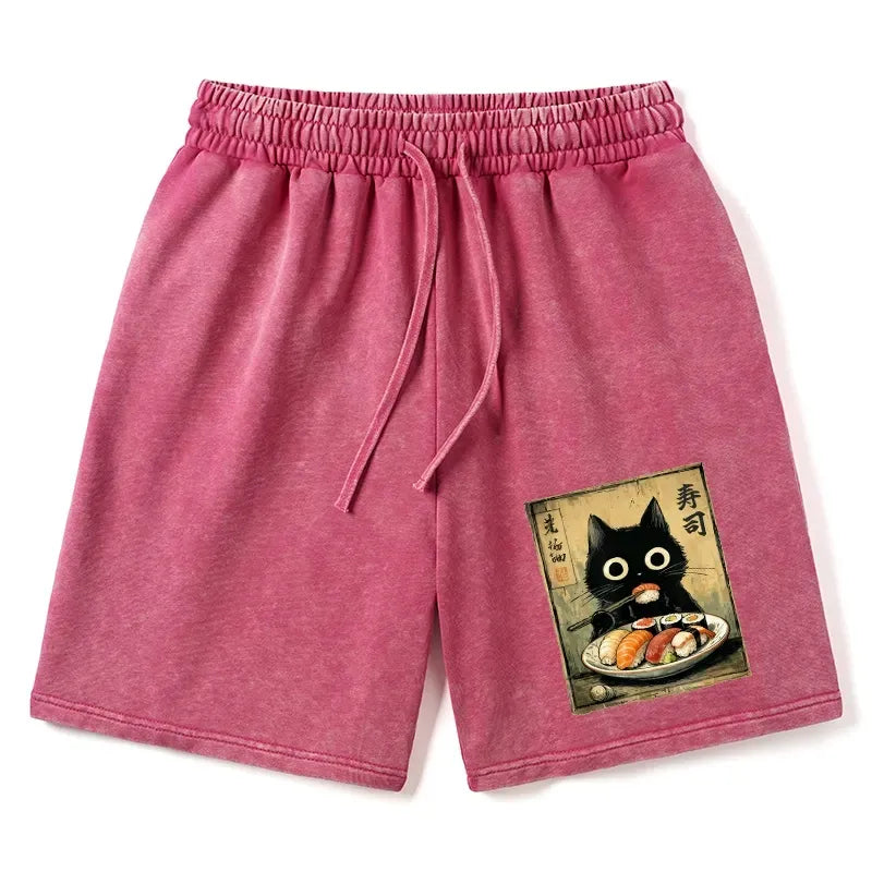 Vintage Japanese Sushi Cat Washed Shorts on Sale