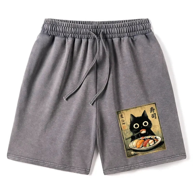Kyoto-Lion Vintage Japanese Sushi Cat Washed Shorts