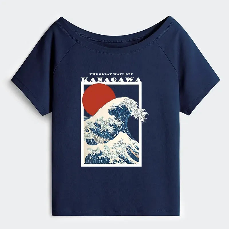 Kyoto-Lion Minimalist Ukiyo-e Waves Off Shoulder T-Shirt