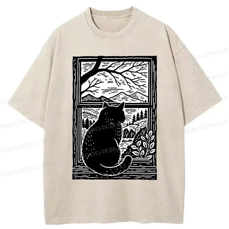 Japanese cat washed t-shirt for daily wear