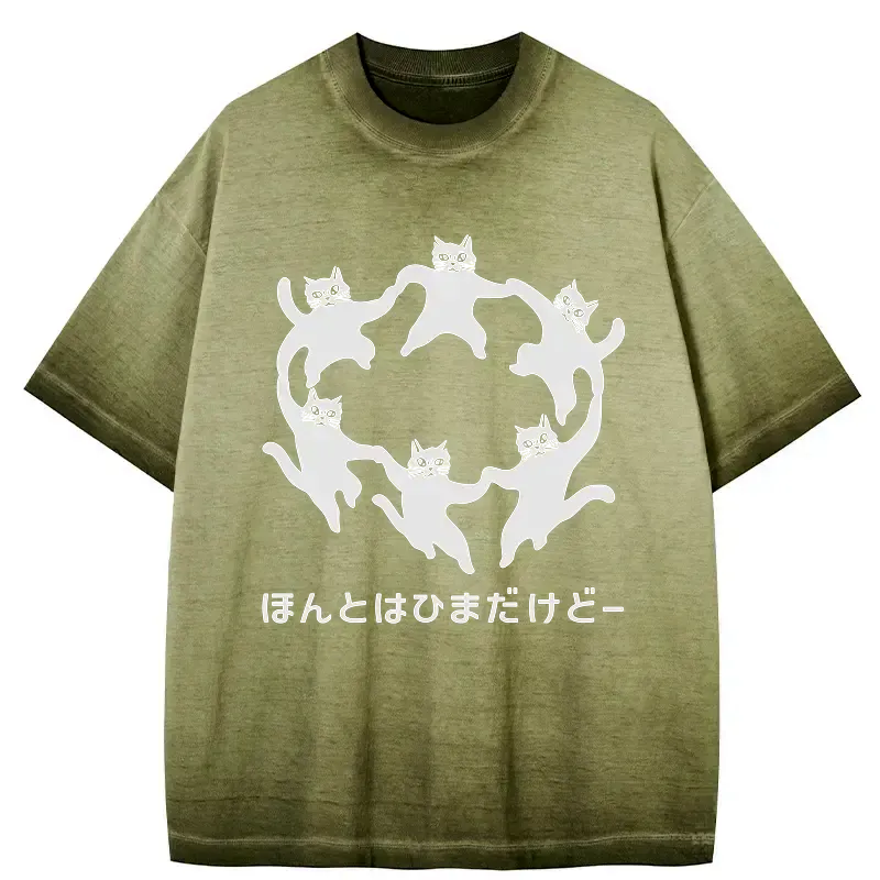 Kyoto-Lion Leisure Cats Japanese Gradient Washed T-Shirt