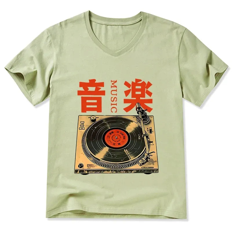Kyoto-Lion Retro Music Record Player V-Neck Classic T-Shirt