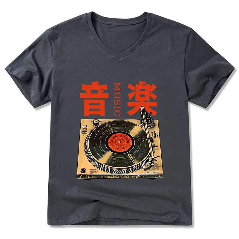 Kyoto-Lion Retro Music Record Player V-Neck Classic T-Shirt