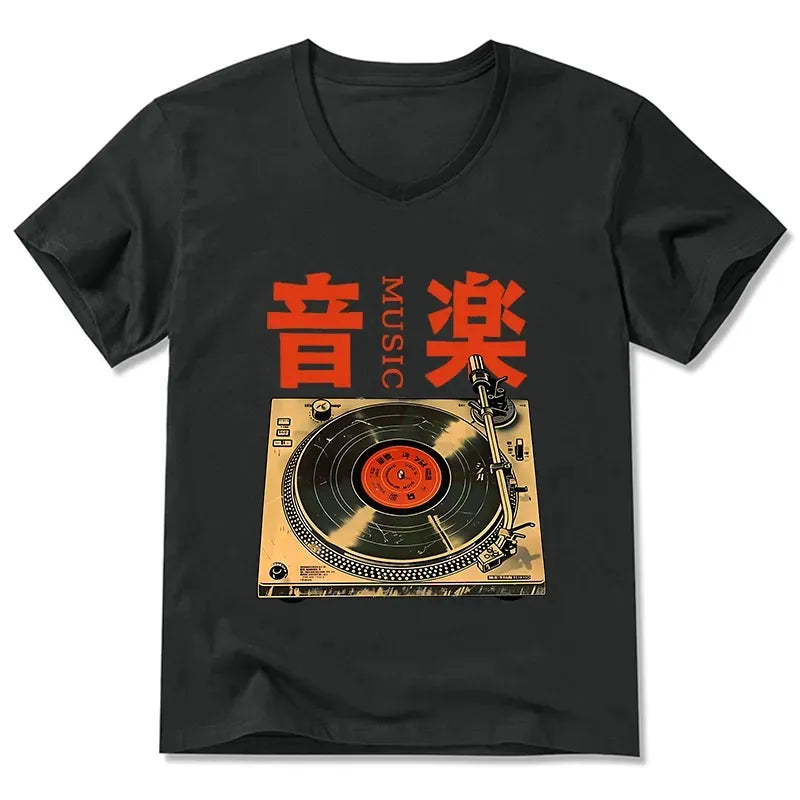 Kyoto-Lion Retro Music Record Player V-Neck Classic T-Shirt