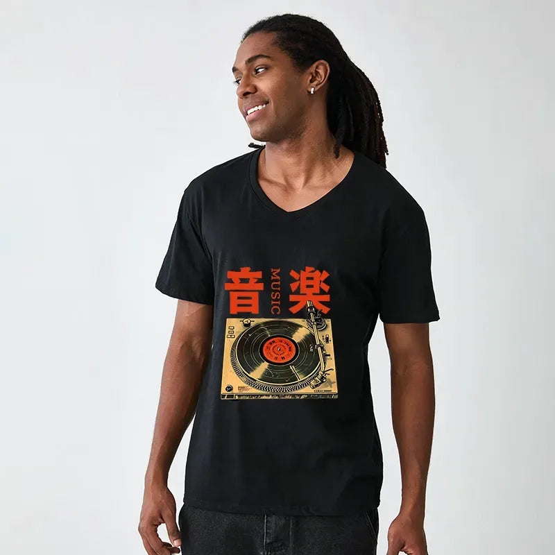 Kyoto-Lion Retro Music Record Player V-Neck Classic T-Shirt