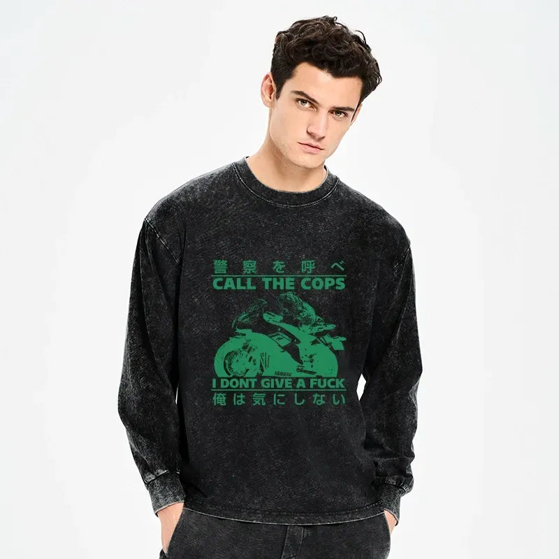 Kyoto-Lion Funny Frog Riding A Motorcycle Washed Long Sleeve T-Shirt