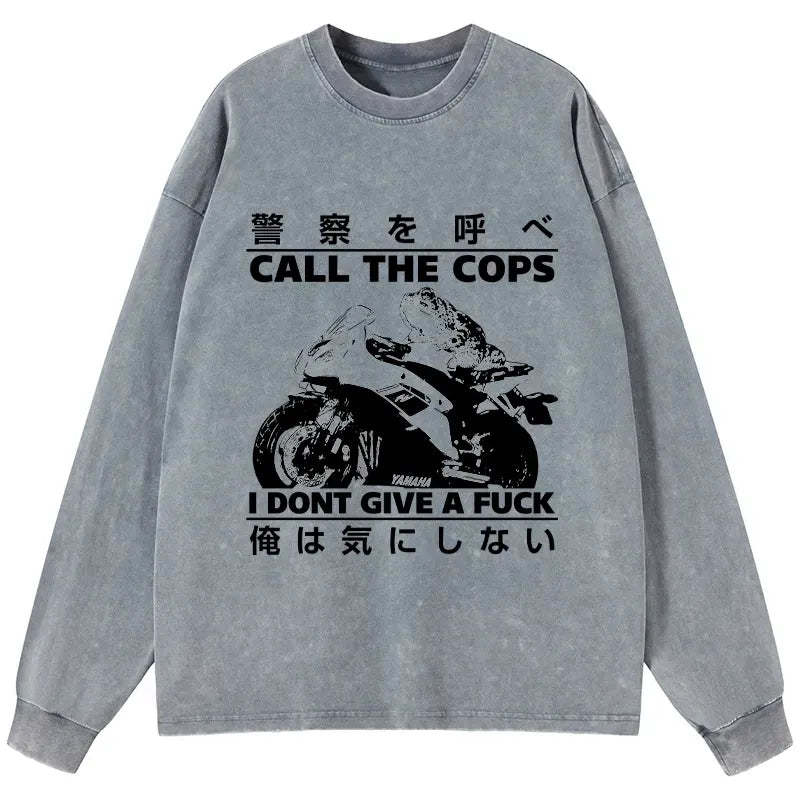 Kyoto-Lion Funny Frog Riding A Motorcycle Washed Long Sleeve T-Shirt