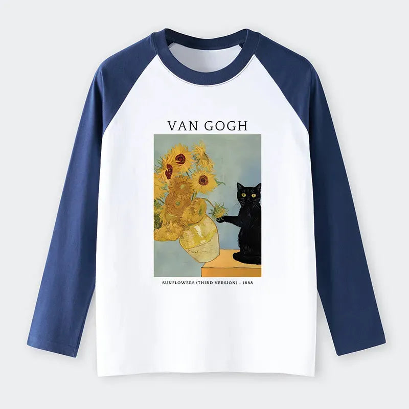 Kyoto-Lion Black Cat With Sunflowers Raglan Long Sleeve T-shirt