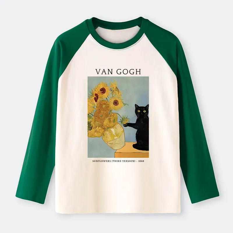Kyoto-Lion Black Cat With Sunflowers Raglan Long Sleeve T-shirt